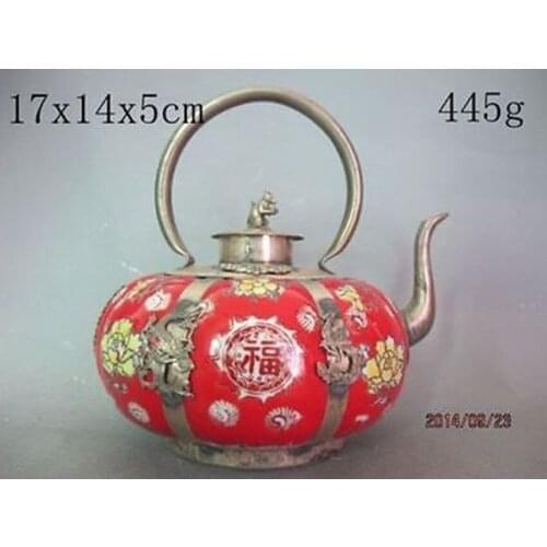 2pcs handwork Red porcelain teapot Silver Monkey lid Garden Garden Decoration 100% Tibetan silver Bronzeroom Art Statue