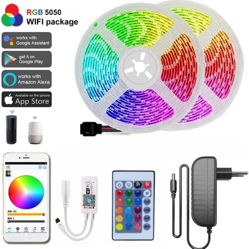 5m 10m 15m LED Strip 5050 IP65 RGB Strip LED Light Flexible Ribbon Stripe DC 12V RGB Diode Tape WIFI Controller Adapter
