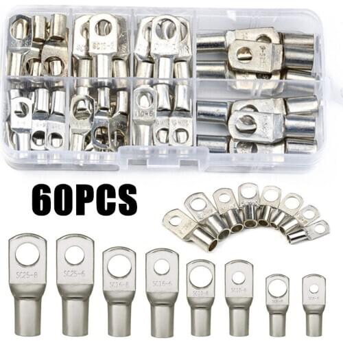 60Pcs SC Bare Terminals lug Tinned Copper Tube Lug Ring Seal Battery Wire Cable Crimped/Soldered Terminal Connectors Kit