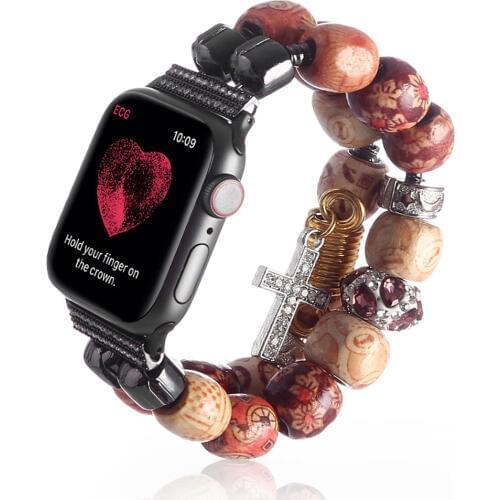 Wooden Beads Jewelry Bracelet for Apple Watch SE Band Series 6 5 4 3 Women Girl Fashion Strap for iWatch 40mm 44mm 38/42mm Belt