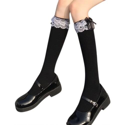 Women Girls Sweet Lolita Black White Knee High Socks Bowknot Ruffled Frilly Lace Trim Japanese Student Cotton Stockings