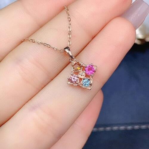 Grace cute Clover natural Multicolor Tourmaline pendant S925 silver Natural gemstone Pendant Necklace women party gift jewelry
