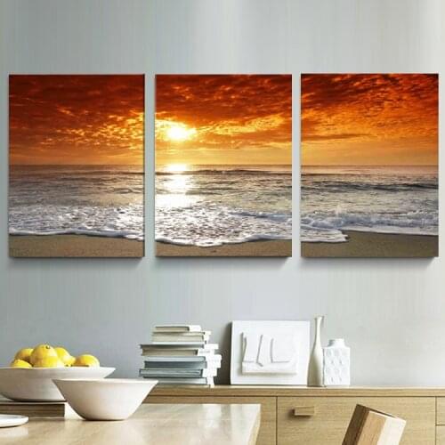 3 Panel Modern Sea Sand Beach Sunset Oil Painting Pictures Home Decor Cuadros Wall Art Sunset Painting Canvas Prints Unframed