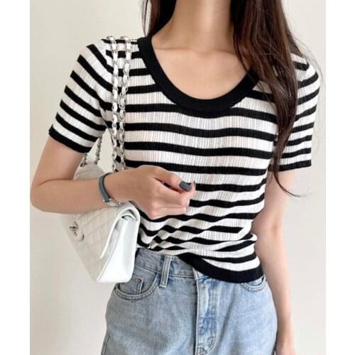 Korea Chic Summer Niche Wild Round Neck Hit Color Stripes Slim Slimming Hedging Short-Sleeved Sweater Top Women