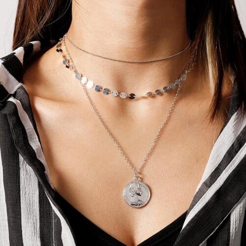 Fashion Multi-Layer Sequins Chains Necklaces for Women Metal Portrait Coin Pendant Necklace Chokers Collare Jewelry Accessories