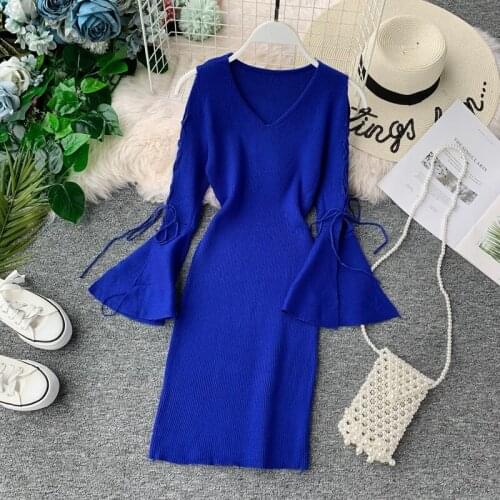 Fashion V Neck Slim Lace Up Autumn Dresses Winter Bodycon Knitted Sweater Mini Dress Flare Sleeve Party Women Casual Vestidos