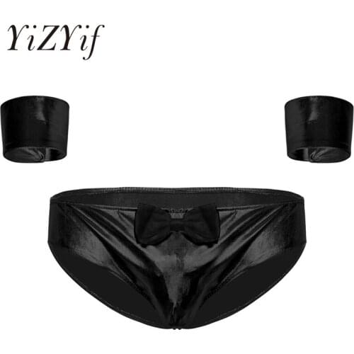 Men Shiny Metallic Briefs and Cuffs Cosplay Sexy Lingerie Low Rise Elastic Waistband Bulge Pouch Front Panties Gay Men Underwear