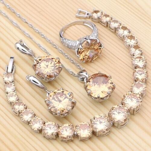 925 Silver Jewelry Sets Champagne Cubic Zirconia Ring Bracelet Necklace Pendant Earrings For Women Party Jewelry Kit