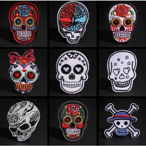 Punk Embroidered Patches Skull Bone Head Iron On For Clothing Hat DIY Stripes Applique Badge Stickers Clothes Accessories