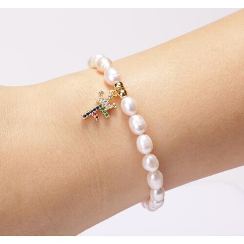 Natural freshwater pearl initial 26 alphabet letter name pave color zircon crown pendant charm bracelet for woman elegant gift