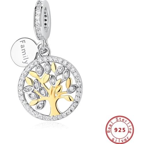 New Original 925 Sterling Silver Beads Family Tree Dangle Charm Gold Color Fit Pandora Bracelets Women DIY Jewelry Dropship