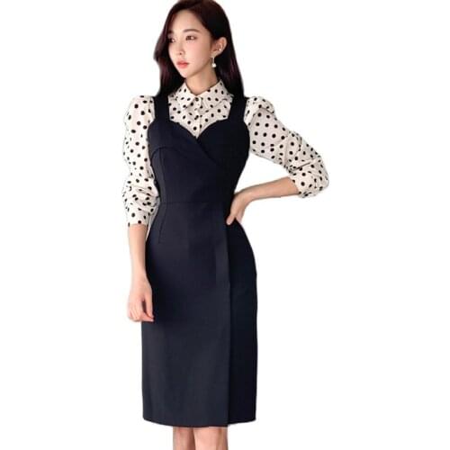 Office 2 piece set korean ladies Sexy Black Dress and dot blouse Midi Party Dresses for women clothing