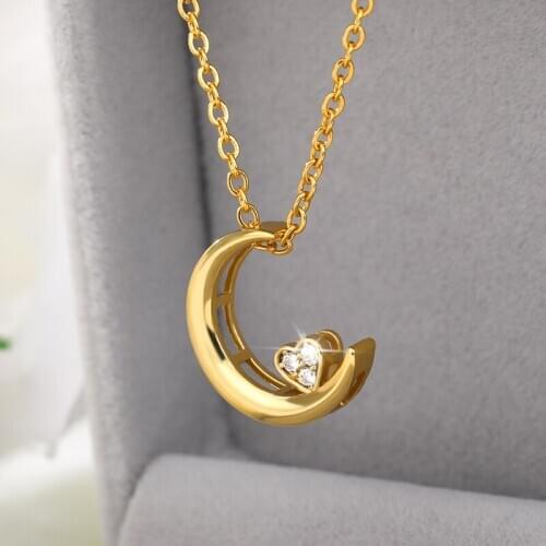 Cute Moon Love Heart Necklace For Women Stainless Steel Choker Crystal Double Moon Necklaces Fashion 2020 Boho Jewelry Gifts