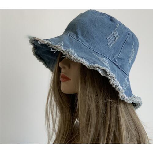Foldable washed denim bucket hat womens blue jean sun shade hats with frayed brim fisherman cap mens cowboy hat summer bob hats