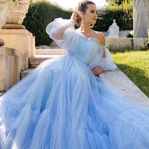 Pink Blue A-Line Prom Dresses Pleated Ladies Evening Party Gowns Ceremony Long Sleeve Tulle Party Prom Celebrity Gown