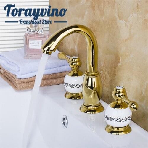 Bathroom Faucet Basin 3 Pcs Set torneiras Ceramic Gold Dual Handle Deck Mounted Hot Cold Mixer Distinguished bathtub Basin taps