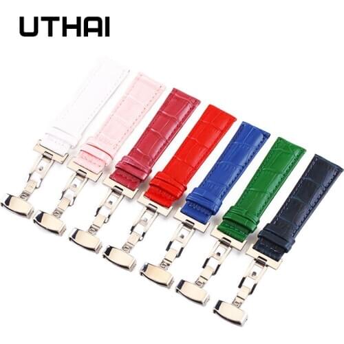 UTHAI B08 Genuine Leather Watchbands 12-24mm Universal Watch Butterfly buckle Band Steel Buckle Strap Wrist Belt Bracelet + Tool