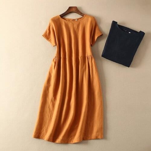 Japanese high end womens dress French linen ramie cotton short sleeve dress womens dress210573