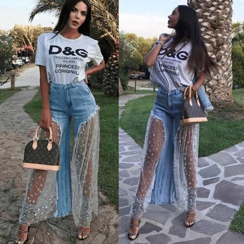 2021 New Trousers Personality Five-pointed Star Mesh Stitching Wide-leg Pants Perspective European and American Womens Jeans
