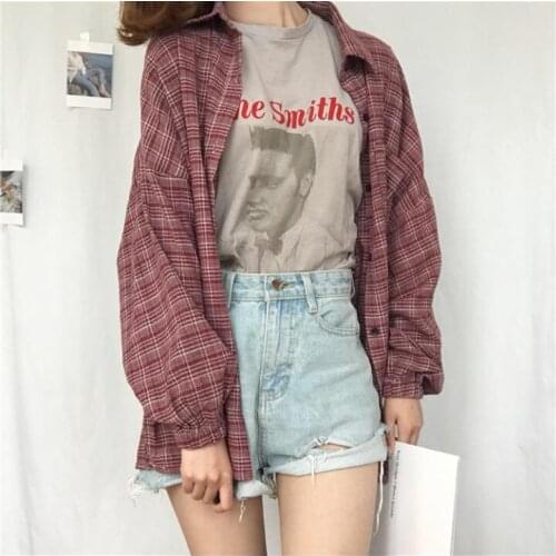 Womens Shirts Tunic Japan Kawaii Ladies Retro Chic Pocket Split Plaid Shirt Casual Female Punk Harajuku Cute Clothes For Women