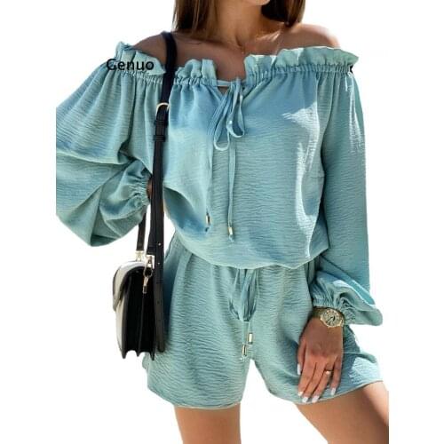 Summer Shorts Suits Women Casual Two Piece Outfit High Waist Shorts Off Shoulder Tops Female Casual Long Sleeve 2 Piece Set 2021