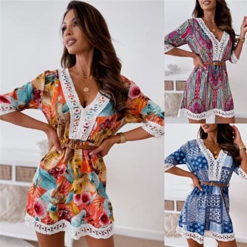 Summer Dress Women 2021 New Fashion Floral Print Sexy V-neck Half Sleeve Lace Patchwork Beach Mini Dresses For Women Robe Femme