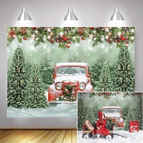 Winter Merry Christmas Photography Backdrop Snow Red Truck Christmas Trees Background Bells Family Party Video Props Photocall