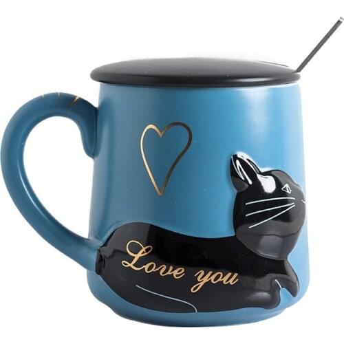 3D Relief Cat Ceramic Cup with Lid Spoon Water Cup Cartoon Artistic Hipster Men and Women Students Couple Cup