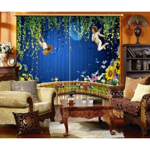 3D Curtain Modern Living Room Curtains Balcony Sky Moon Angel Chrysanthemum Home Curtains Decoration Bedroom Blackout Curtain