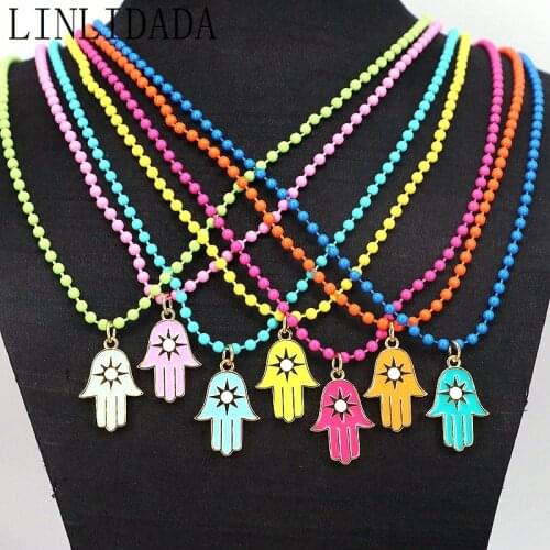 6Pcs Fashion Jewelry Hamsa Hand Shaped with Star Enamel Copper Pendant Necklace For Gift