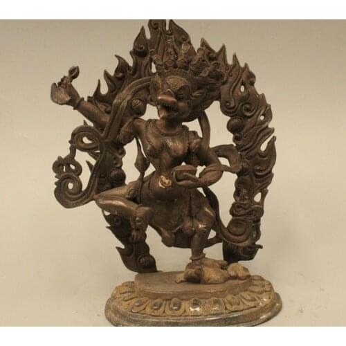 7"Chinese Buddhism Tibet Pure Bronze Bull Ox head Dhammapala Buddha Statue