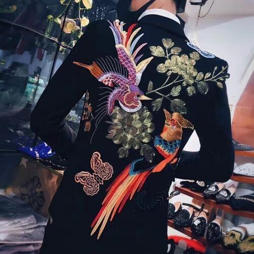 Flower Bird Embroidery Sequins Casual Work Blazer Men Autumn Korean Wedding Nightclub Slim Fit Single Breasted Suit Jacket