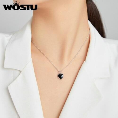 Wostu Necklace 100% 925 Sterling Silver Black Heart Pendant Link Chain for Women Love Pendant Necklaces Fine Jewelry Gift DXN443