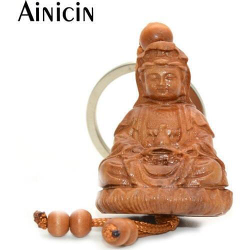Wood Carved Guanyin Buddha Key Chains Novelty Gift Bless Safe Key Holder For Men and Women