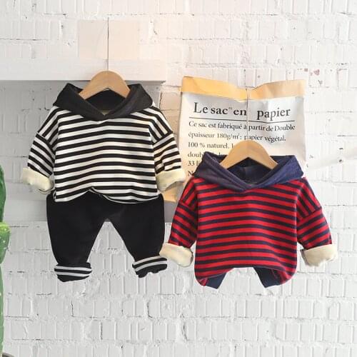 2021 Winter Kids Clothes Baby Thicken Warm Cotton Sports Hooded Strips Shirt Pants Sets Children Boys Kids Casual Suit 0-5 YEARS