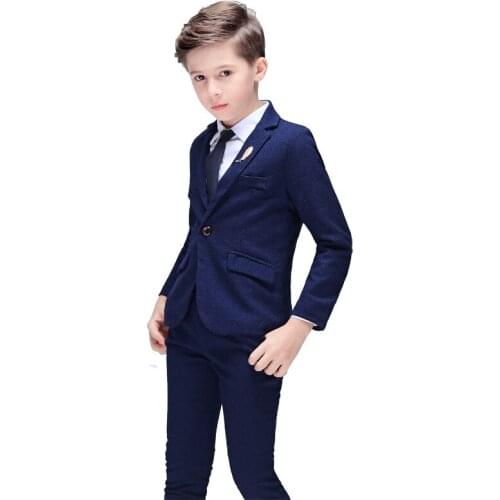 Children Formal Blue Suit Sets Flower Boys Wedding Party Performance Dress Costume Kids Blazer Shirts Pants Tie Clothes Outfits
