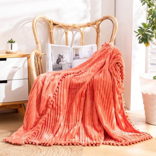 Striped Fringe Ball Flannel Blanket Nap Sofa Bed Cover Air Conditioning Fluffy Plaid Throw Blankets