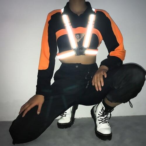 European And American Women Hip-Hop Avant-Garde Hit Color Reflective Stitching Shoulder Strap Buckle Long-Sleeved T-Shirt