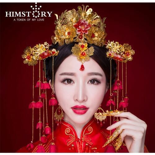Chinese Traditional Bridal Headdress Long Red Flower Tassels Hairpin Women Butterfly Headwear Wedding Hair Jewelry
