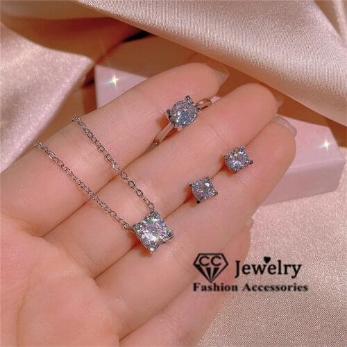 CC 925 Silver Necklace Earring Ring Sets for Women White Cubic Zircon Wedding Party Jewelry Set Beauty Accessories Gift