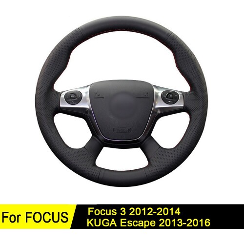 Leather Car Steering Wheel Cover For Ford Focus 3 2014-2012 KUGA Escape 2016-2013 Black Soft Genuine Leather Non-slip DIY
