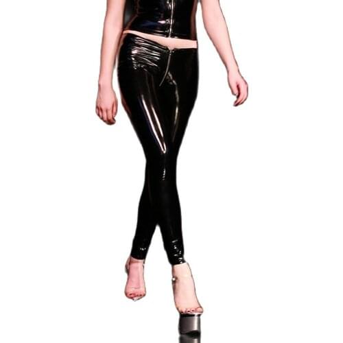 Wetlook Shiny Sexy Zipper Crotch PVC Pants Faux Latex Leggings PU Leather Trousers Women Fitness Legging Clubwear Capris Spodnie