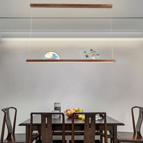 New Chinese Style Tea Room Chandelier Zen Walnut Copper Enamel LED Strip Light Dining Room Dining Room Bar Chandelier