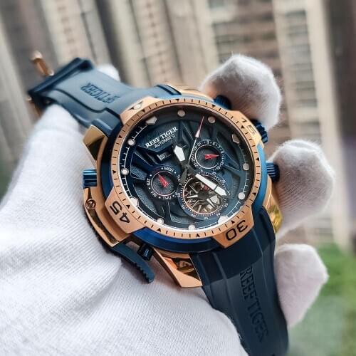 Reef Tiger/RT Mens Military Watches Blue Rubber Strap Rose Gold Watches Luminous Transformer Edition Watches RGA3532