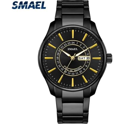 SMAEL Sports Quartz Movement Mens Watches LED Display Waterproof Automatic Date Update Stainless Steel Bracelet