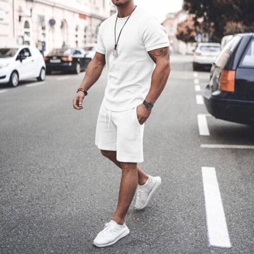 2021 Men Summer Tracksuit Short Sleeve T-shirt Loose Pants Suit Solid Color Two Piece Set Lounge Clothing