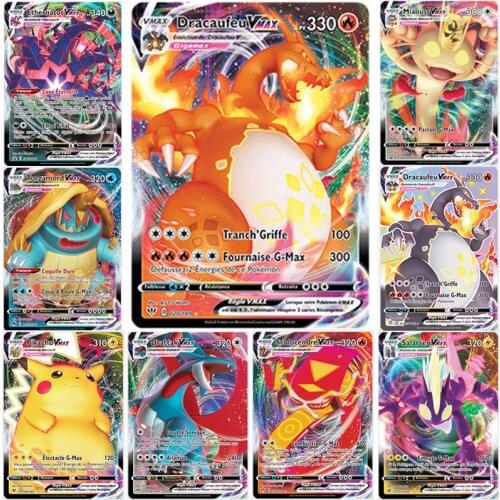 New 100Pcs French Pokemon VMAX Cards Pikachu Torgamord Victini Scolocendre Morpeko Trading Card Game Collection Cards Toys