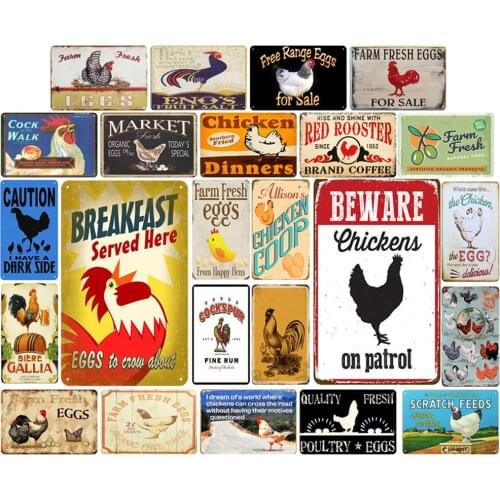 Beware Chickens on Patrol Vintage Metal Plate Breakfast Served Here Farm Fresh Eggs Quality Farmhouse Shabby Chic Style Decor