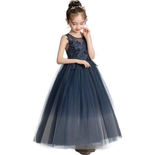 Teen girl princess dress summer girls dark blue long dress Europe and America Kids costumes Big girl evening wedding Party dress