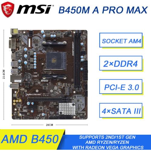 MSI B450M A PRO MAX Motherboard AMD B450 CPU Socket AM4 DDR4 4133(OC) MHz M.2 SATAIII USB3.2 32G R9 mATX Desktop Motherboard